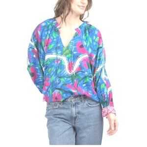 Celina Moon Womens Blue Pink Floral Print V Neck Long Sleeve Blouse Sz S New
